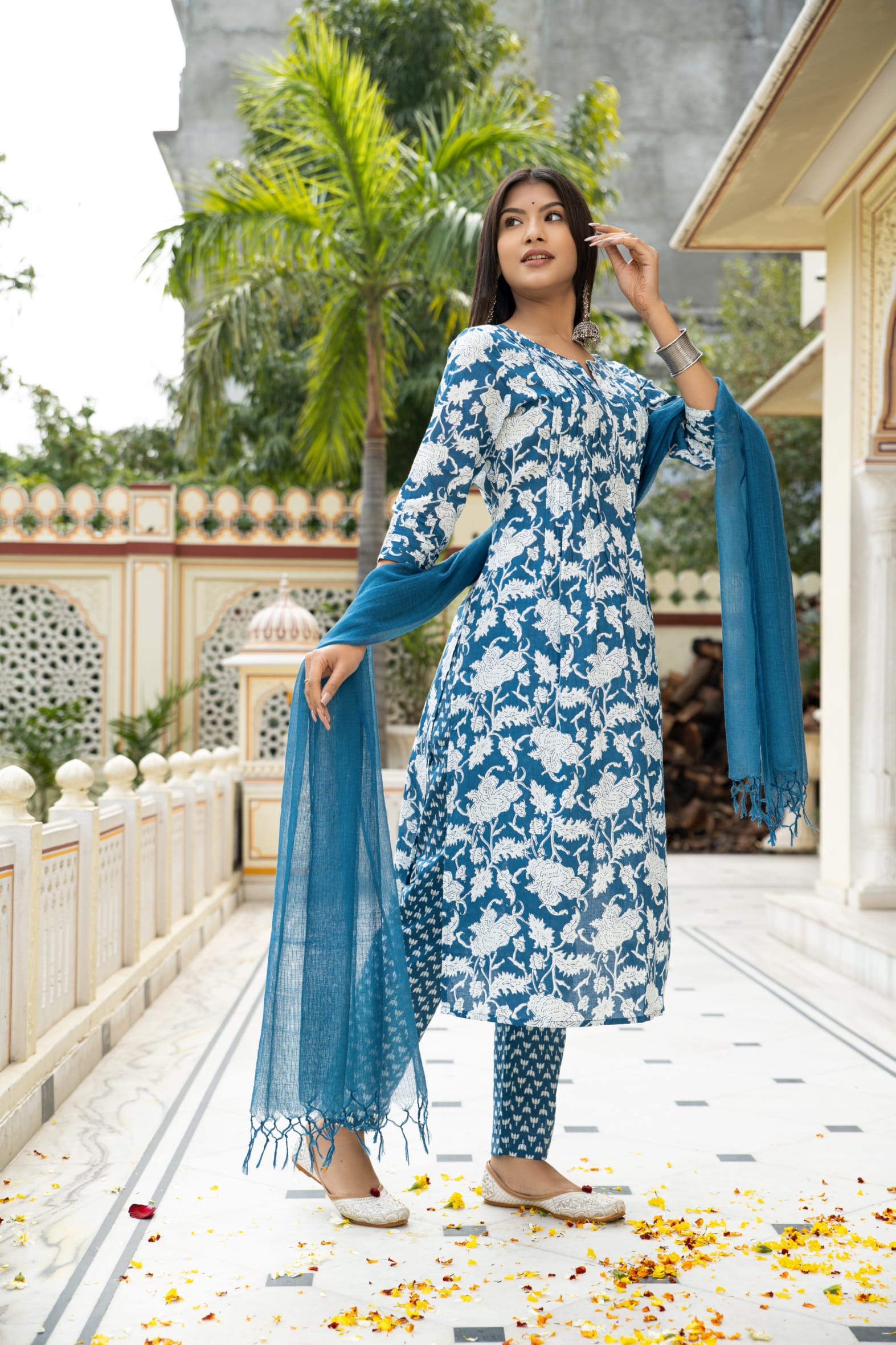Blue Hand Block Printed Cotton Suit with Kota Doria Dupatta- Set of 3 Bada Boota