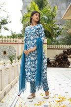 Blue Hand Block Printed Cotton Suit with Kota Doria Dupatta- Set of 3 Bada Boota