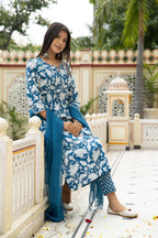 Blue Hand Block Printed Cotton Suit with Kota Doria Dupatta- Set of 3 Bada Boota