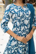 Blue Hand Block Printed Cotton Suit with Kota Doria Dupatta- Set of 3 Bada Boota