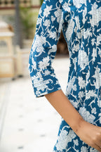 Blue Hand Block Printed Cotton Suit with Kota Doria Dupatta- Set of 3 Bada Boota