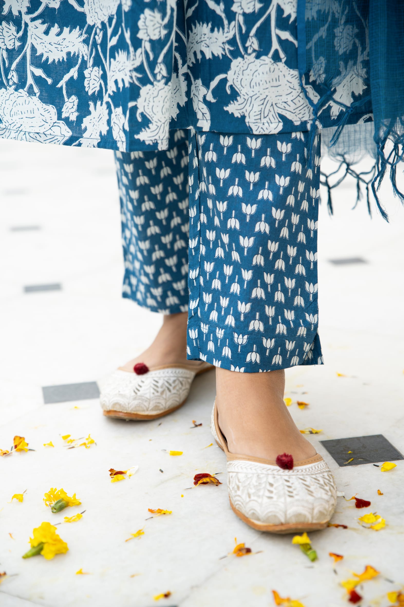 Blue Hand Block Printed Cotton Suit with Kota Doria Dupatta- Set of 3 Bada Boota
