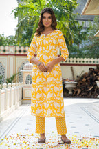 Yellow Hand Block Printed Cotton Kurta with Pants- Set of 2 Bada Boota