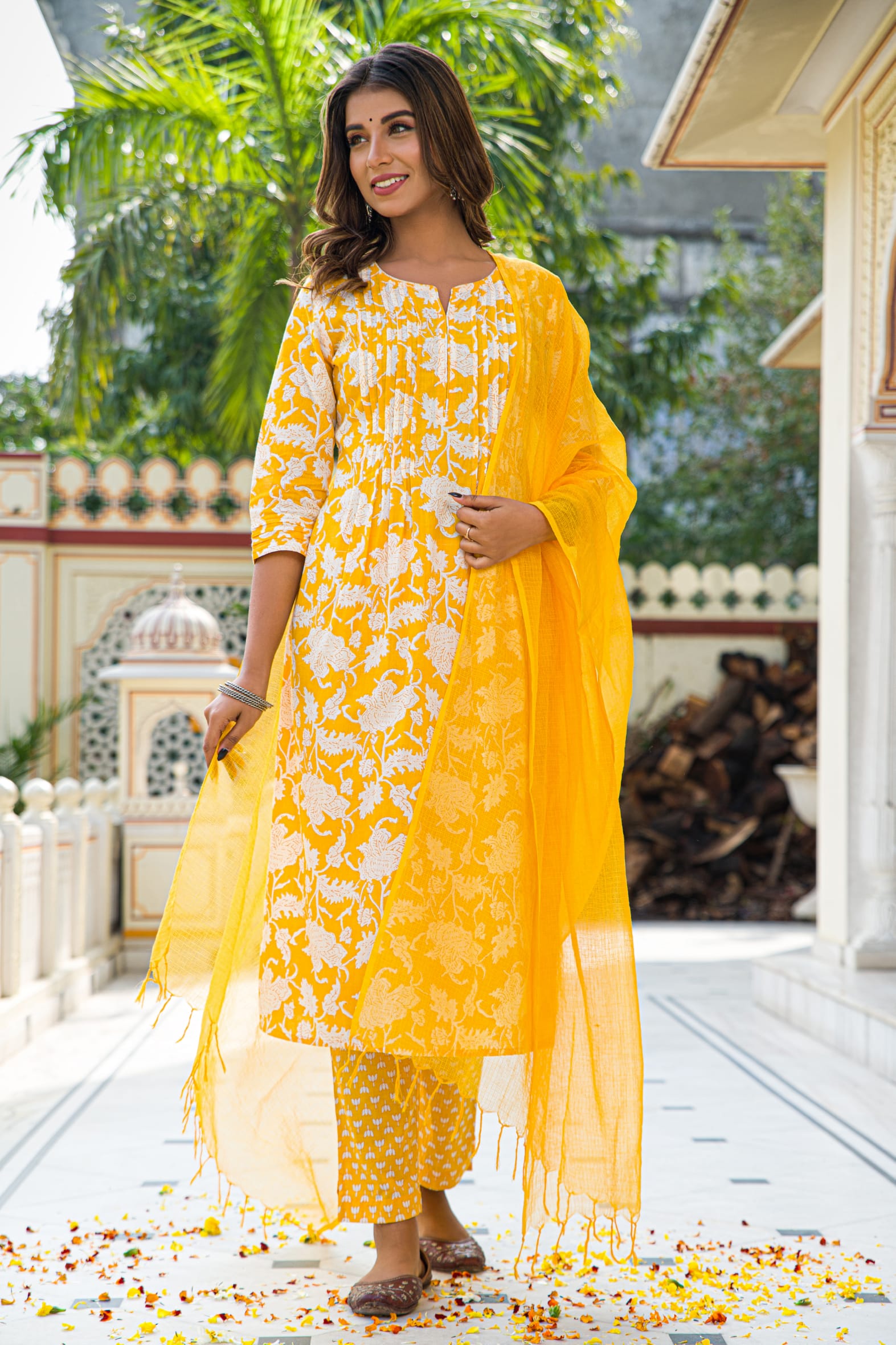 Yellow Hand Block Printed Cotton Suit with Kota Doria Dupatta- Set of 3 Bada Boota