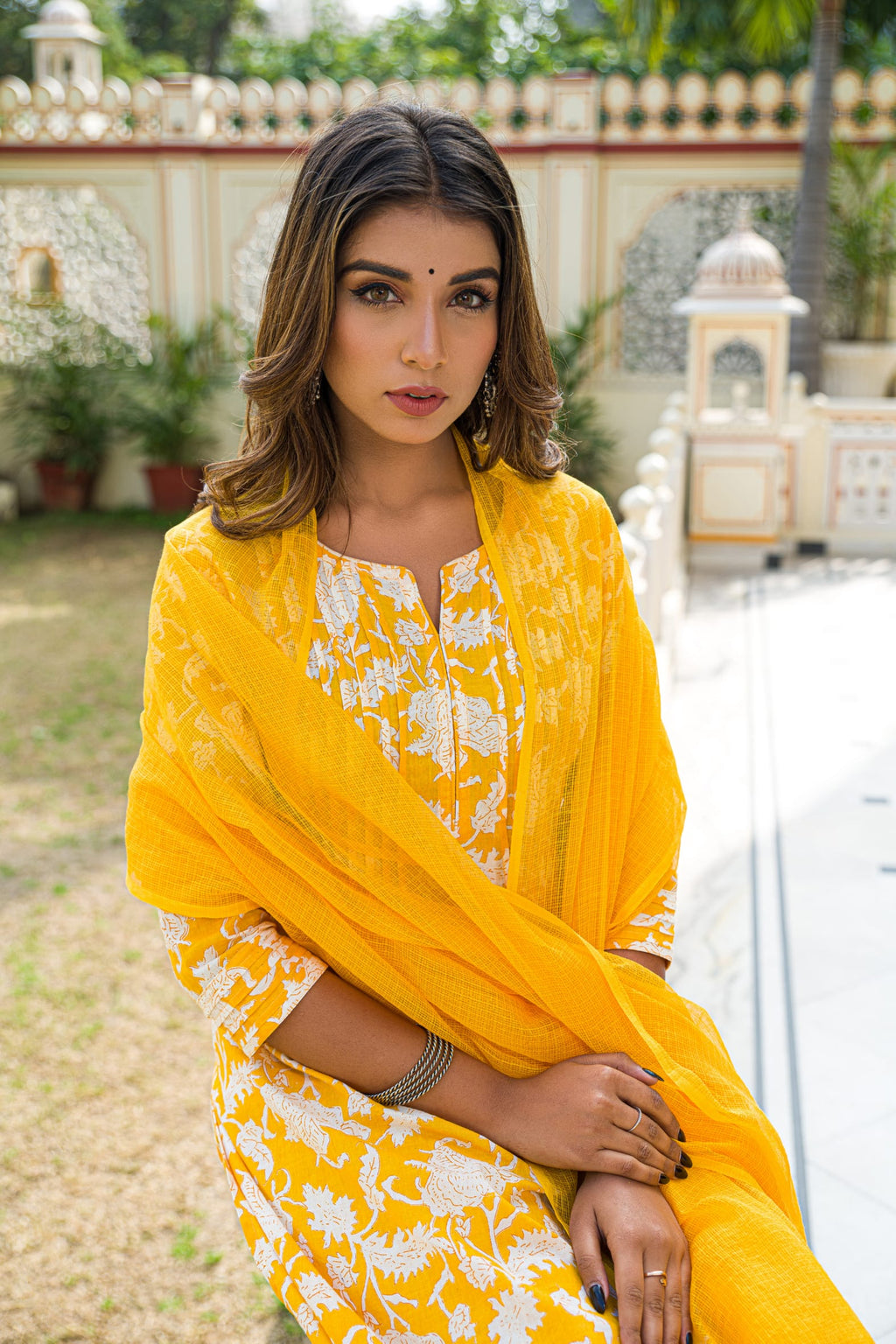 Yellow Hand Block Printed Cotton Suit with Kota Doria Dupatta- Set of 3 Bada Boota