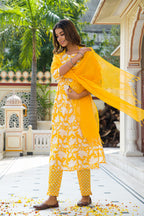 Yellow Hand Block Printed Cotton Suit with Kota Doria Dupatta- Set of 3 Bada Boota