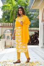 Yellow Hand Block Printed Cotton Suit with Kota Doria Dupatta- Set of 3 Bada Boota