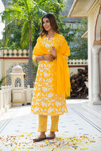 Yellow Hand Block Printed Cotton Suit with Kota Doria Dupatta- Set of 3 Bada Boota