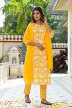 Yellow Hand Block Printed Cotton Suit with Kota Doria Dupatta- Set of 3 Bada Boota