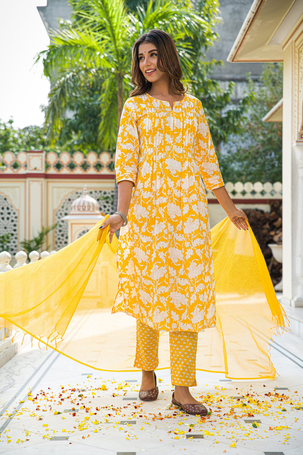 Yellow Hand Block Printed Cotton Suit with Kota Doria Dupatta- Set of 3 Bada Boota