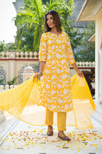 Yellow Hand Block Printed Cotton Suit with Kota Doria Dupatta- Set of 3 Bada Boota