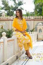 Yellow Hand Block Printed Cotton Suit with Kota Doria Dupatta- Set of 3 Bada Boota