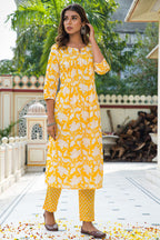 Yellow Hand Block Printed Cotton Suit with Kota Doria Dupatta- Set of 3 Bada Boota