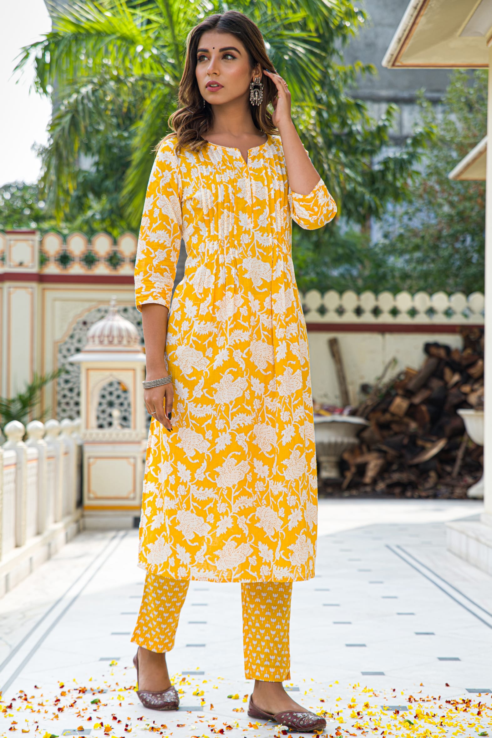 Yellow Hand Block Printed Cotton Suit with Kota Doria Dupatta- Set of 3 Bada Boota