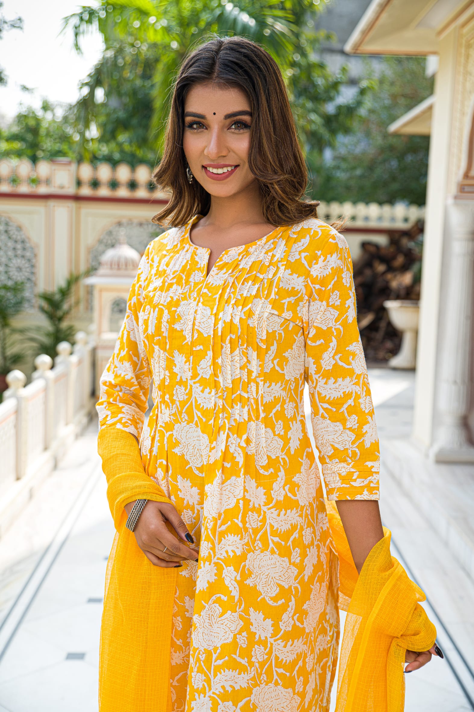 Yellow Hand Block Printed Cotton Suit with Kota Doria Dupatta- Set of 3 Bada Boota