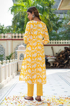Yellow Hand Block Printed Cotton Suit with Kota Doria Dupatta- Set of 3 Bada Boota