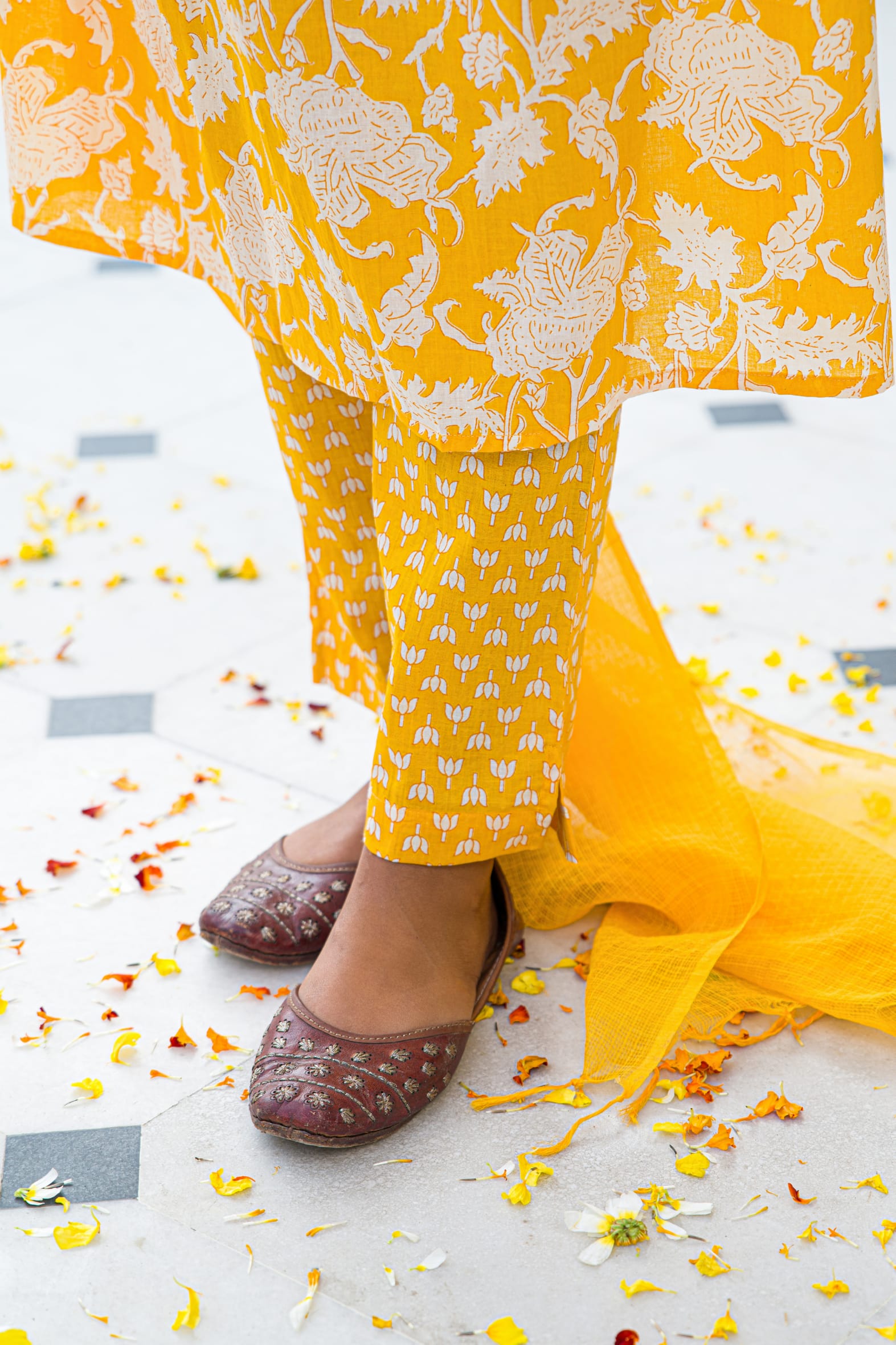 Yellow Hand Block Printed Cotton Suit with Kota Doria Dupatta- Set of 3 Bada Boota