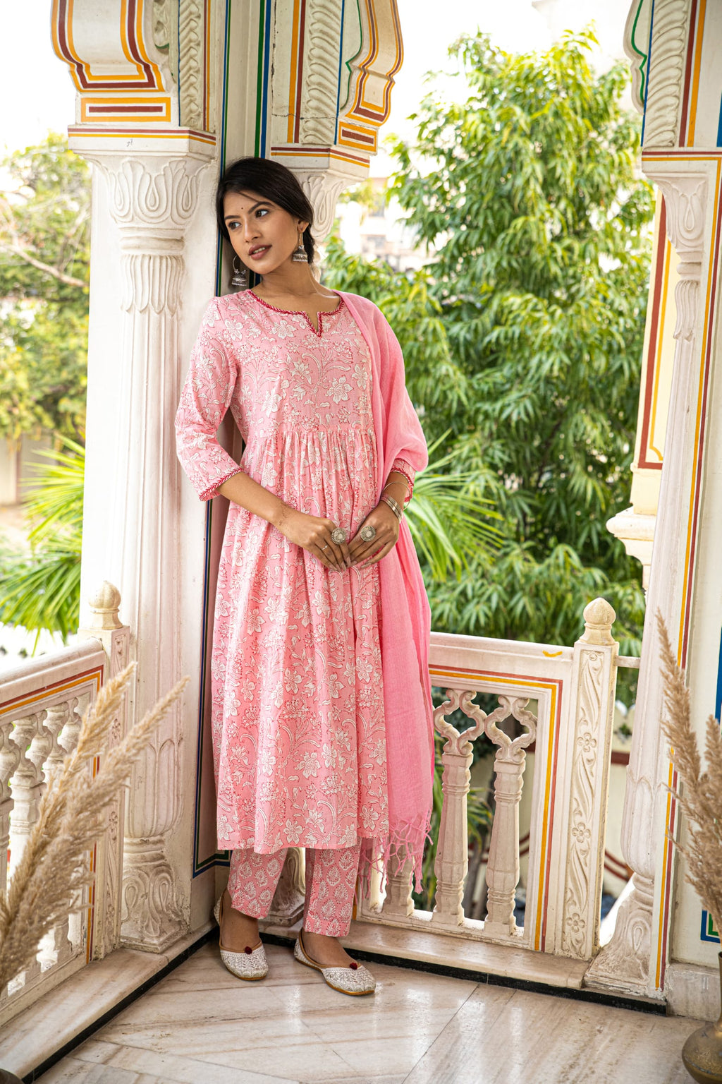 Pink Printed Cotton Suit with Kota Doria Dupatta- Set of 3 Bada Boota