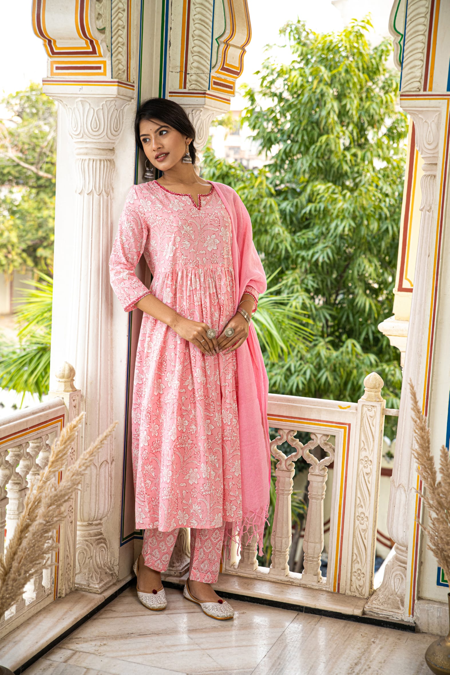 Pink Printed Cotton Suit with Kota Doria Dupatta- Set of 3 Bada Boota