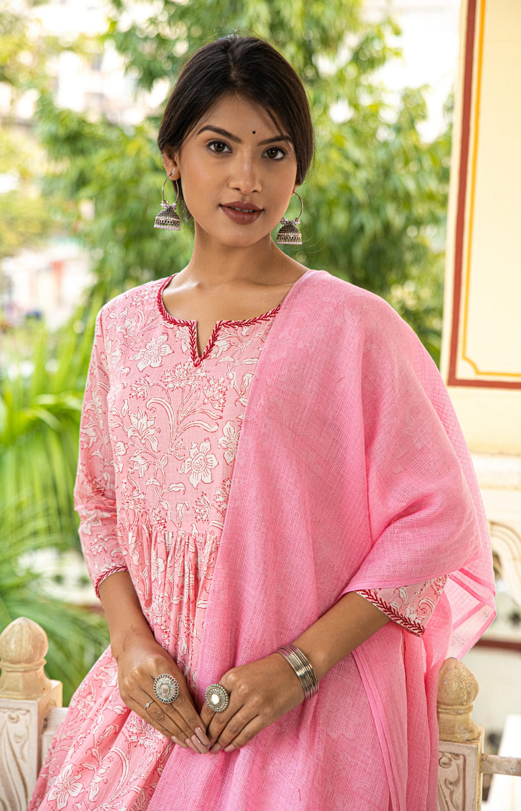 Pink Printed Cotton Suit with Kota Doria Dupatta- Set of 3 Bada Boota