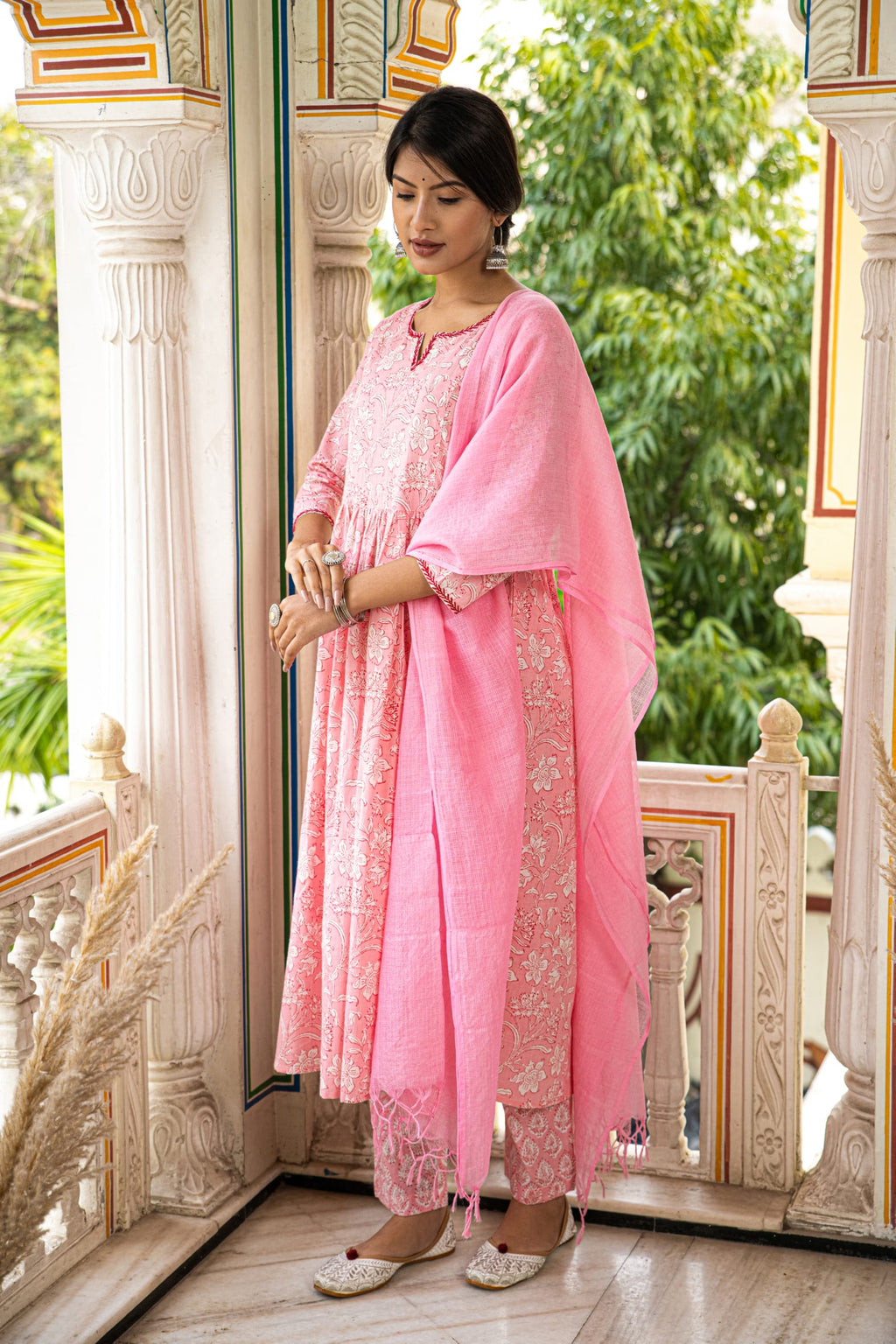 Pink Printed Cotton Suit with Kota Doria Dupatta- Set of 3 Bada Boota