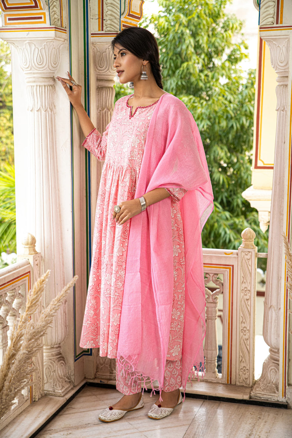 Pink Printed Cotton Suit with Kota Doria Dupatta- Set of 3 Bada Boota
