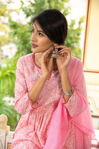 Pink Printed Cotton Suit with Kota Doria Dupatta- Set of 3 Bada Boota