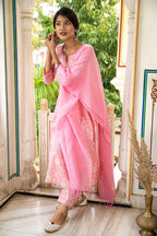 Pink Printed Cotton Suit with Kota Doria Dupatta- Set of 3 Bada Boota