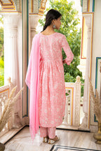 Pink Printed Cotton Suit with Kota Doria Dupatta- Set of 3 Bada Boota