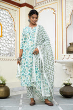 White Cotton Block Printed Kurta Pant Set With Pleats & Printed Cotton Dupatta Bada Boota