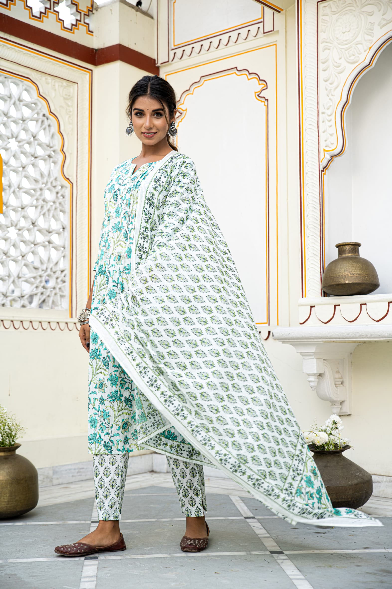 White Cotton Block Printed Kurta Pant Set With Pleats & Printed Cotton Dupatta Bada Boota