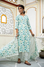 White Cotton Block Printed Kurta Pant Set With Pleats & Printed Cotton Dupatta Bada Boota