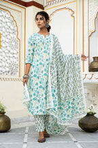White Cotton Block Printed Kurta Pant Set With Pleats & Printed Cotton Dupatta Bada Boota