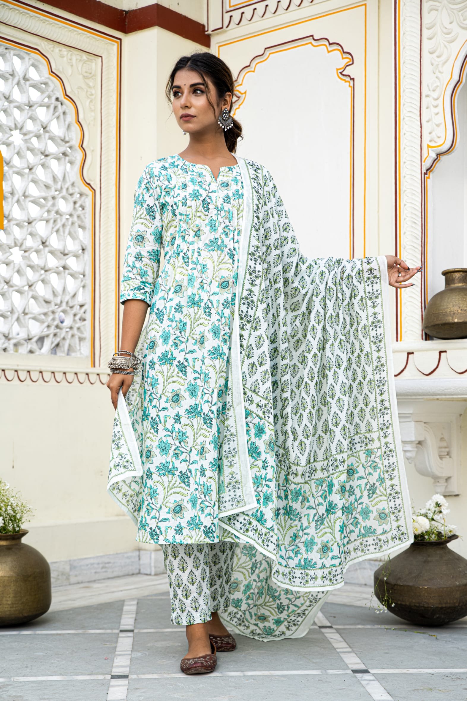 White Cotton Block Printed Kurta Pant Set With Pleats & Printed Cotton Dupatta Bada Boota