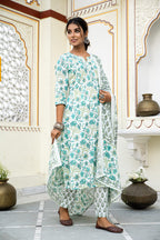 White Cotton Block Printed Kurta Pant Set With Pleats & Printed Cotton Dupatta Bada Boota