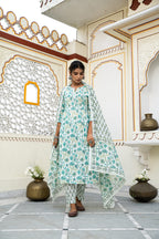 White Cotton Block Printed Kurta Pant Set With Pleats & Printed Cotton Dupatta Bada Boota