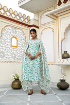White Cotton Block Printed Kurta Pant Set With Pleats & Printed Cotton Dupatta Bada Boota