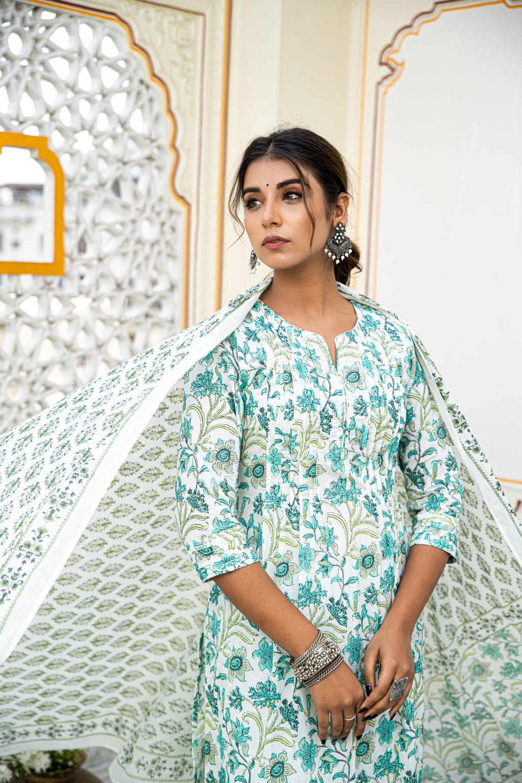White Cotton Block Printed Kurta Pant Set With Pleats & Printed Cotton Dupatta Bada Boota