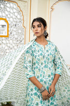 White Cotton Block Printed Kurta Pant Set With Pleats & Printed Cotton Dupatta Bada Boota