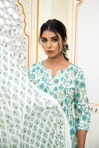White Cotton Block Printed Kurta Pant Set With Pleats & Printed Cotton Dupatta Bada Boota