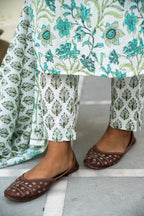 White Cotton Block Printed Kurta Pant Set With Pleats & Printed Cotton Dupatta Bada Boota