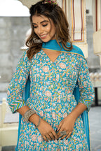 Blue Hand Block Printed Cotton Angrakha Suit with Chiffon Dupatta- Set of 3 Bada Boota