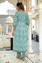 Blue Hand Block Printed Cotton Angrakha Suit with Chiffon Dupatta- Set of 3 Bada Boota