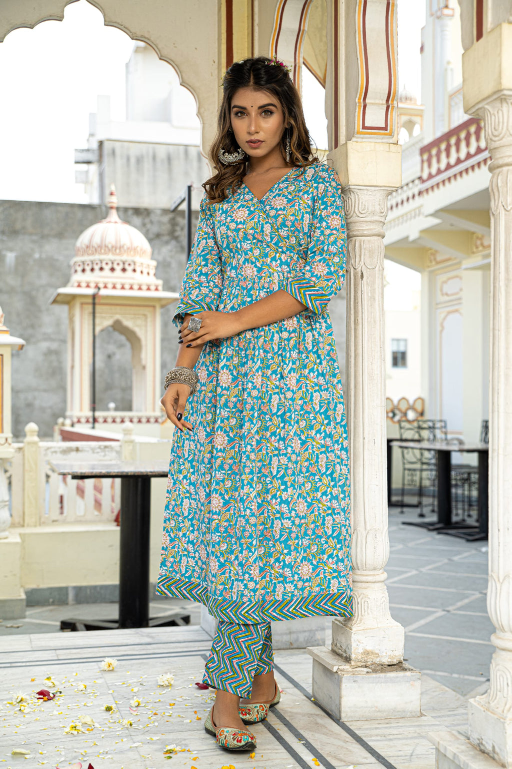 Blue Hand Block Printed Cotton Angrakha Kurta with Pants- Set of 2 Bada Boota