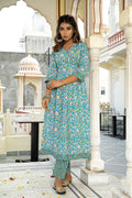 Blue Hand Block Printed Cotton Angrakha Kurta with Pants- Set of 2 Bada Boota