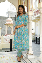 Blue Hand Block Printed Cotton Angrakha Kurta with Pants- Set of 2 Bada Boota