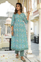 Blue Hand Block Printed Cotton Angrakha Suit with Chiffon Dupatta- Set of 3 Bada Boota