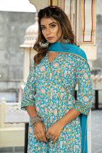 Blue Hand Block Printed Cotton Angrakha Suit with Chiffon Dupatta- Set of 3 Bada Boota
