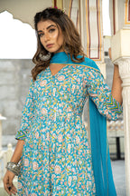 Blue Hand Block Printed Cotton Angrakha Suit with Chiffon Dupatta- Set of 3 Bada Boota