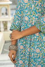 Blue Hand Block Printed Cotton Angrakha Suit with Chiffon Dupatta- Set of 3 Bada Boota